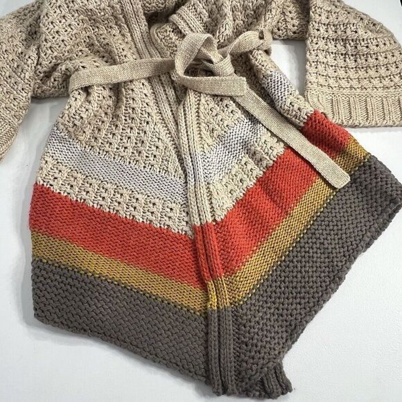 Vertigo Hooded Cardigan Womens Small Colorblock Tan Weekend Crochet Sweater Coat - Picture 8 of 13